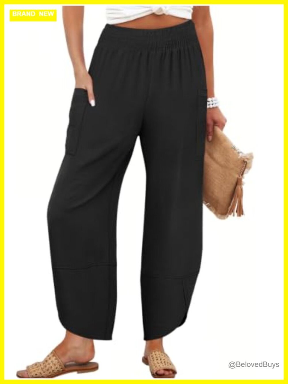 Wide Leg Palazzo Capri Barrel Pants Loose Smocked Elastic Waist Pull On